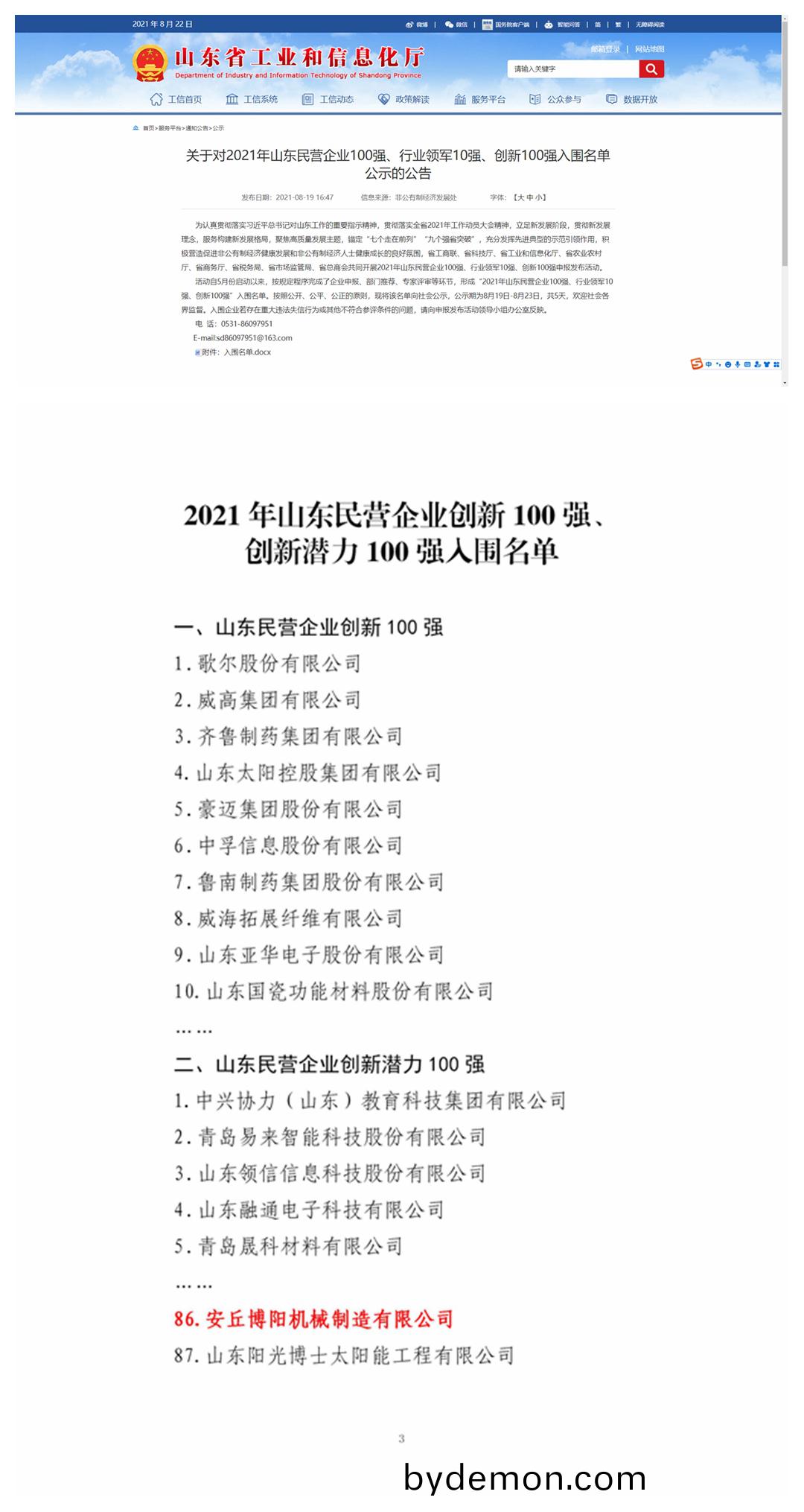 祝贺博阳机械入围“山东民营企业创新潜力100强”