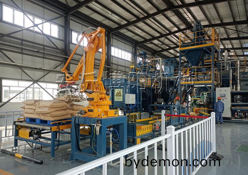 浇注料全自动包装设备配套自动码垛机械手的工作流程是什么?